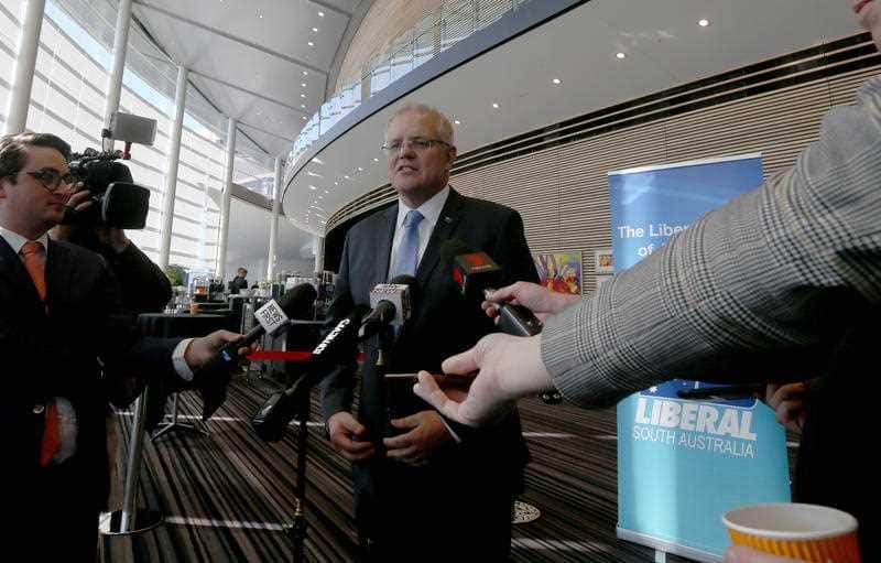 Prime Minister Scott Morrison speaks to the media at the South Australian Liberal party Annual General Meeting at the Adelaide Convention Centre in Adelaide.