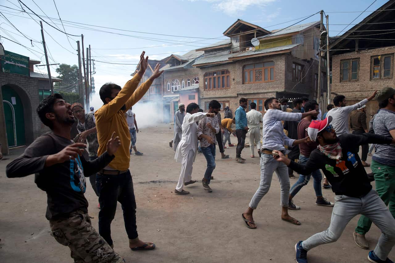 Kashmiri Muslims shout slogans during a protest in Srinagar.