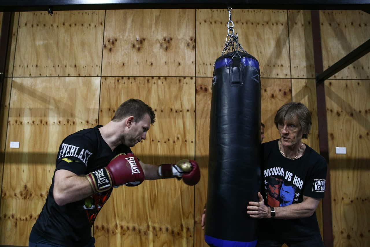 Australian boxer Jeff Horn is seen with trainer Glenn Rushton during a training session in Bendigo.