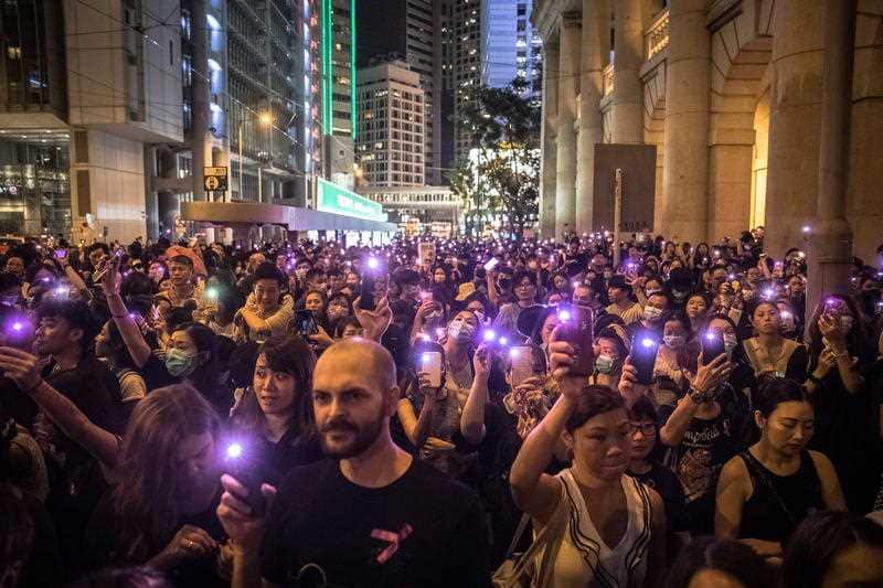 Protesters attend a '#MeToo' rally at Chater Garden, in Hong Kong.