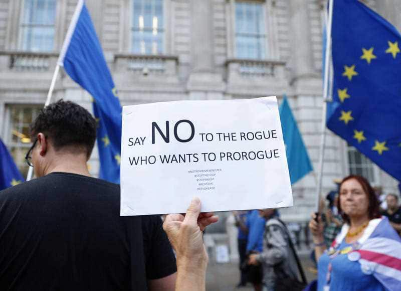 Anti Brexit demonstrators protest outside the Cabinet Office in central London.