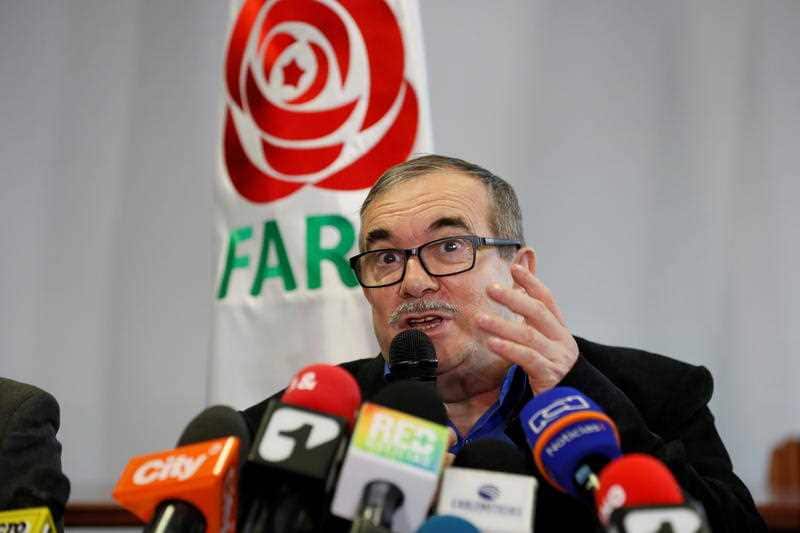 The leader of the FARC party Rodrigo Londono offers statements to the media, in Bogota, Colombia, 29 August 2019