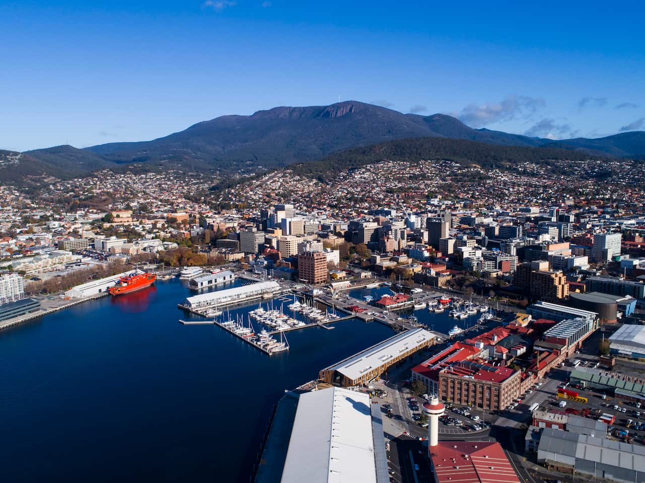 An aerial view of the city of Hobart, Tasmania.