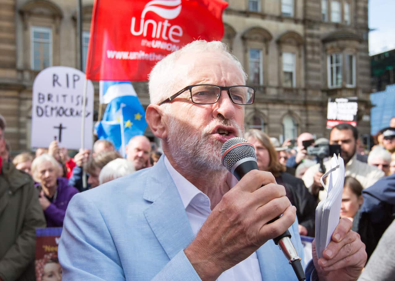 British Labour party leader Jeremy Corbyn speaks at the protest in Glasgow against Prime Minister Boris Johnson's decision to prorogue parliament.
