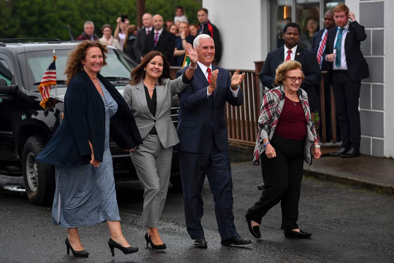 U.S Vice President Mike Pence, his wife Karen Pence, second left, his sister Anne Pence Poynter, left, and his mother Nancy Pence Fritsch, right, arrive in Doonbeg, Ireland