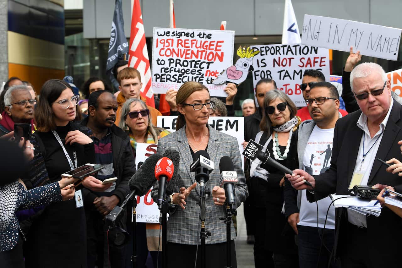 Lawyer for the family Carina Ford speaks to media at a press conference outside of the Federal Court earlier this week.