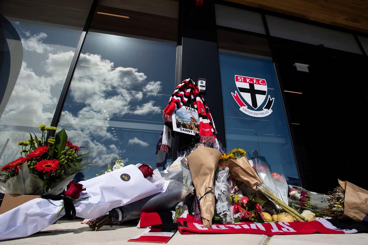 A tribute to Danny Frawley is seen at St Kilda Football Club's headquarters in Melbourne.