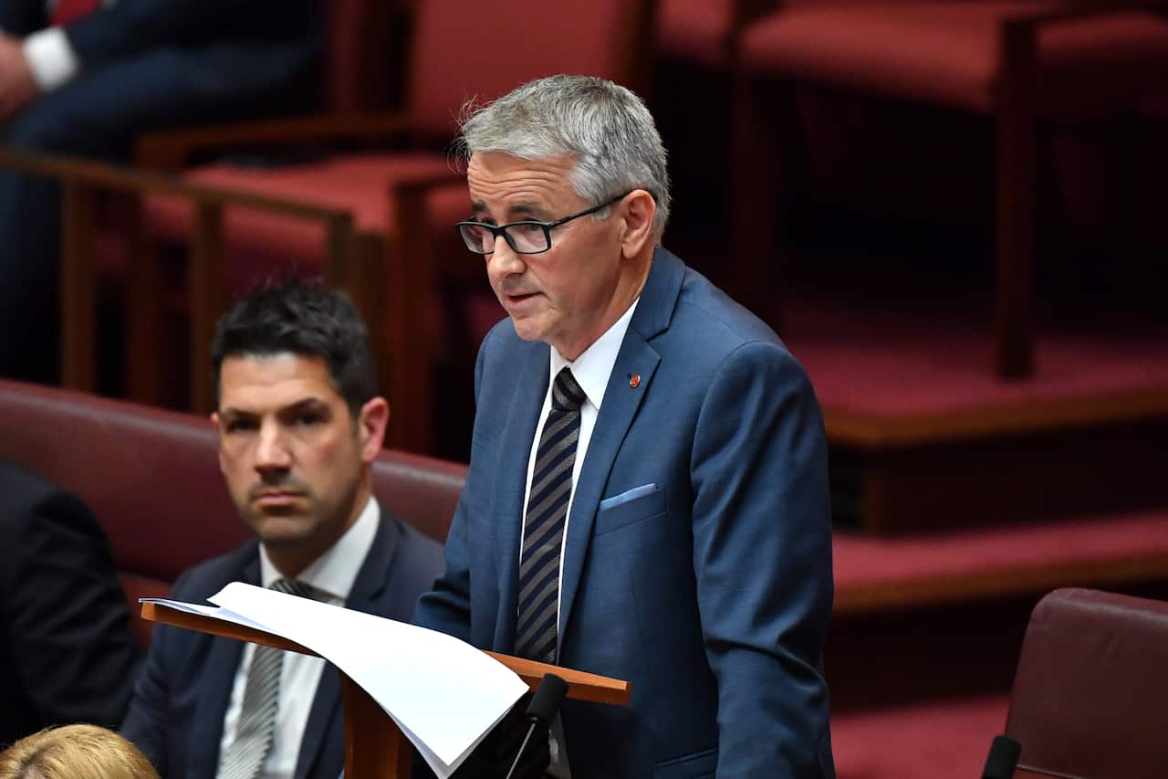 Senator Gerard Rennick makes his first speech in the Senate Chamber at Parliament House in Canberra.