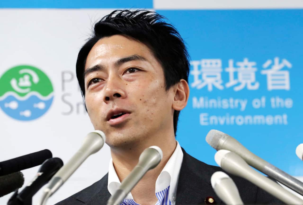 Newly appointed Japanese Environment Minister Shinjiro Koizumi speaks at a press conference in Tokyo on Sept. 13, 2019. (Kyodo via AP Images) ==Kyodo
