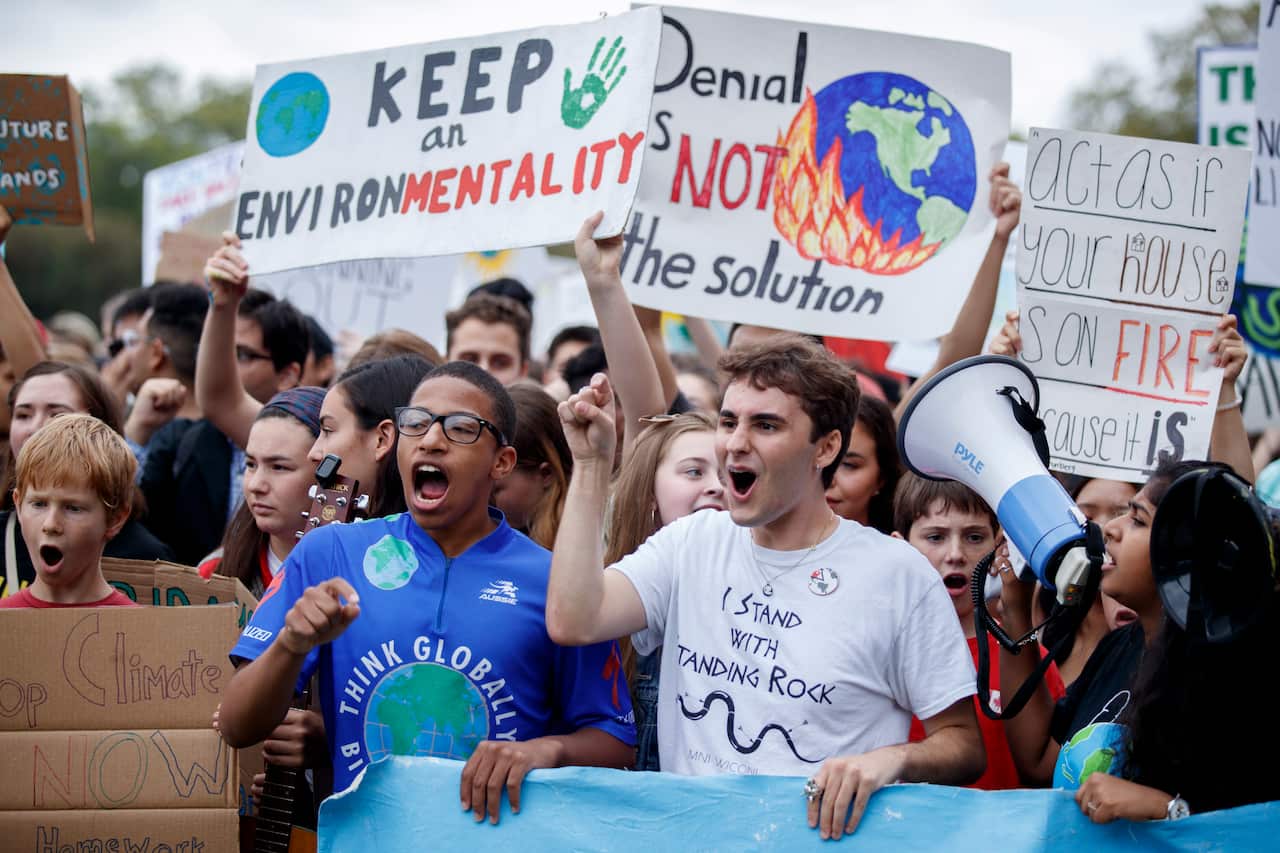 Student activists participate in a School Strike for Climate reform on the Ellipse near the White House in Washington, DC.