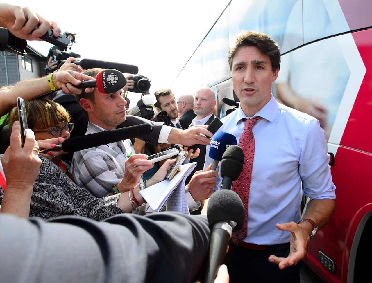Liberal Leader Justin Trudeau makes a statement following a campaign stop in Saint-Hubert, Que., on Friday, Sept. 13, 2019. (Sean Kilpatrick/The Canadian Press via AP)