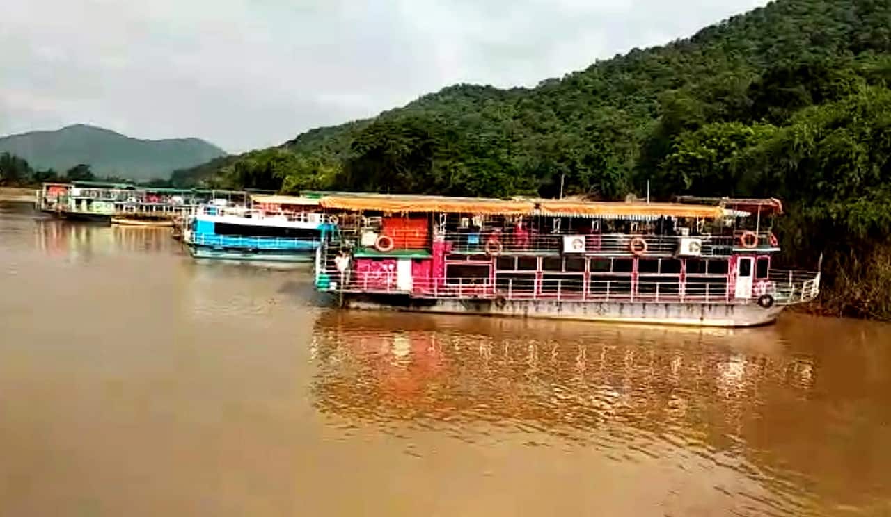The East Godavari river in Andhra Pradesh has been swollen after heavy rainfall. 