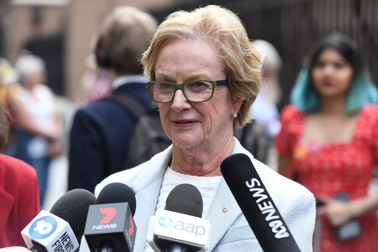 NSW Pro-Choice Alliance Chair Wendy McCarthy addresses the media outside NSW Parliament House in Sydney in September 2019. 