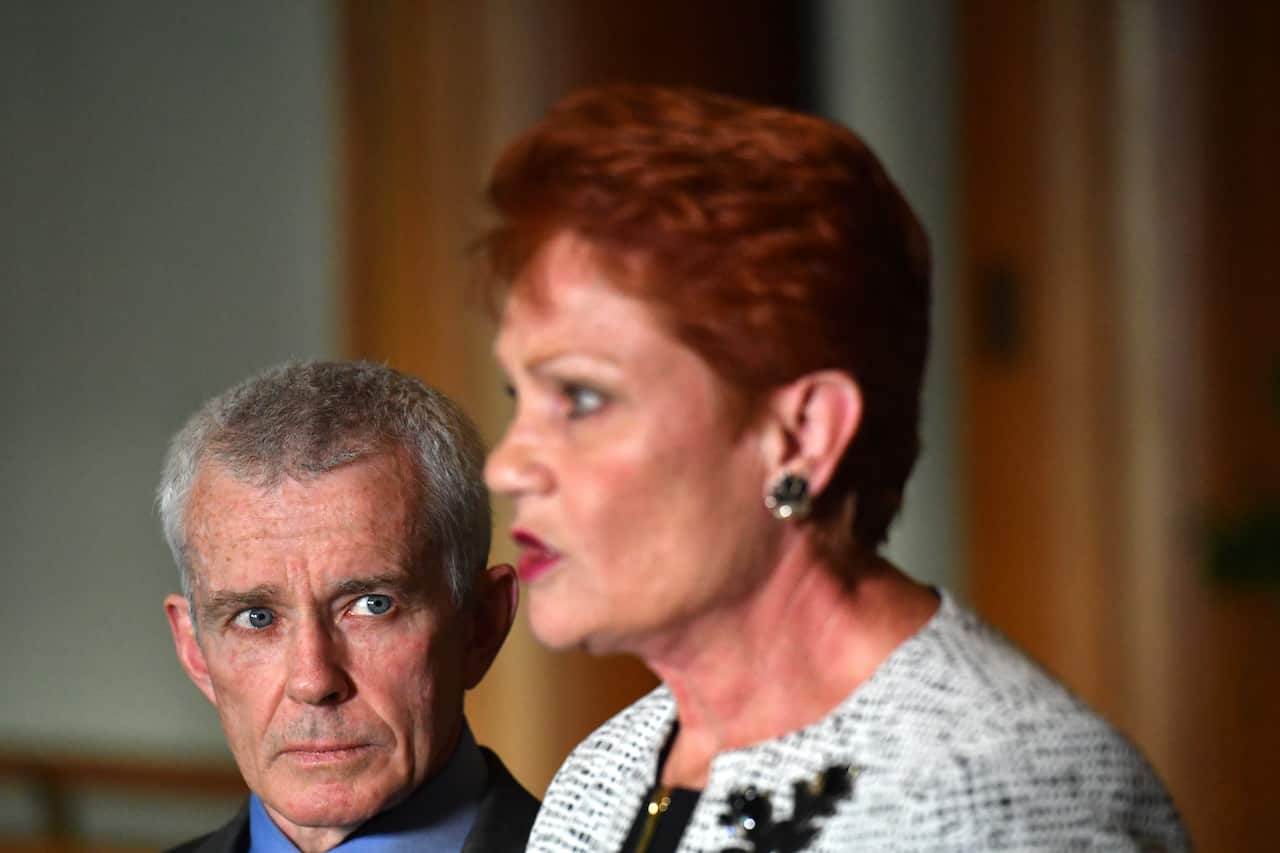 One Nation Senator Malcolm Roberts and One Nation leader Senator Pauline Hanson at Parliament House in Canberra.