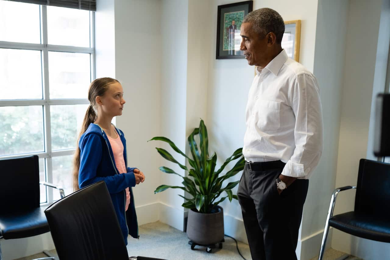 Former US President Barack Obama meeting with Greta Thunberg in Washington, DC, 16 September 2019.
