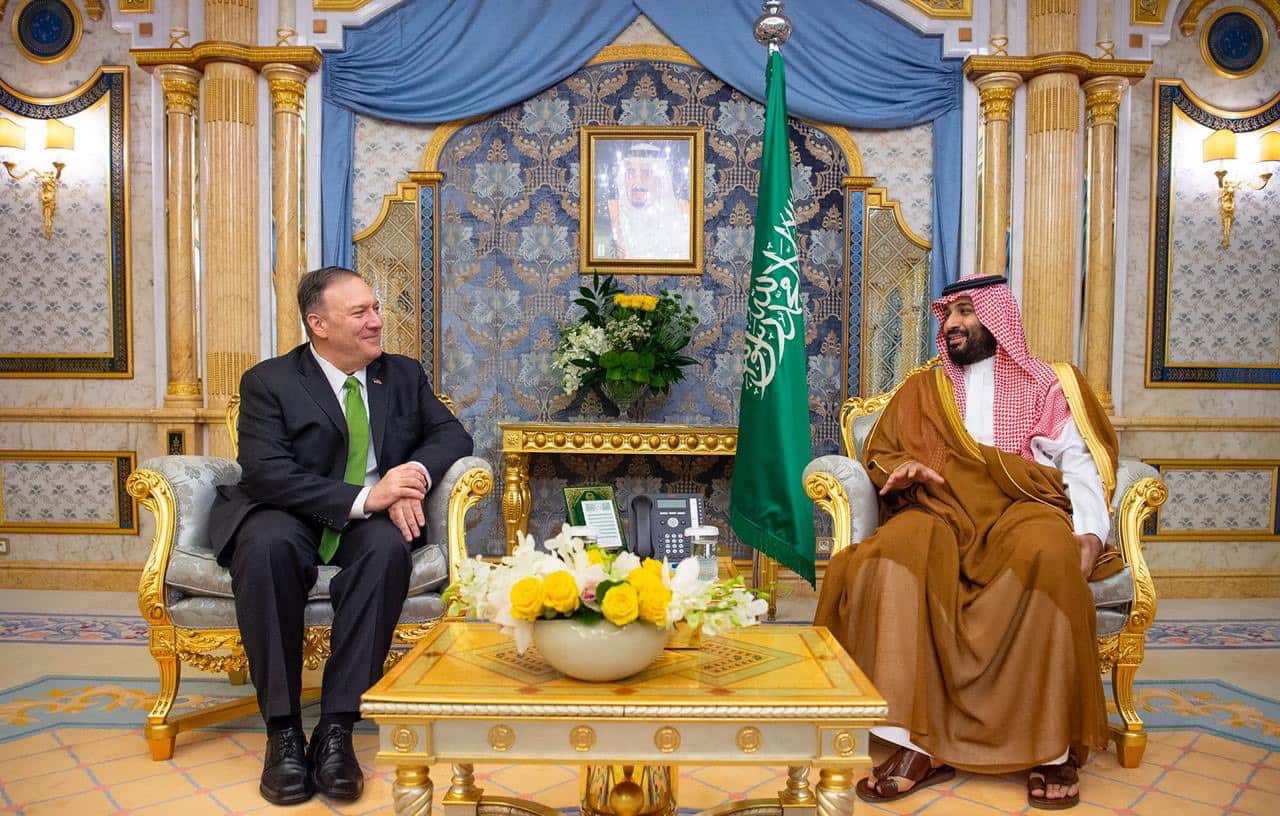 Saudi Crown Prince Mohammad bin Salman receiving US Secretary of State Mike Pompeo in Jeddah, Saudi Arabia.