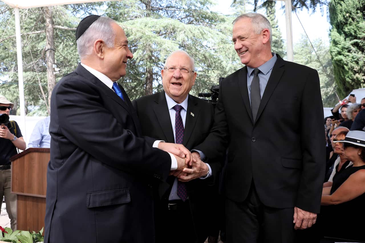 Israeli Prime Minister Benjamin Netanyahu, Israeli President Reuven Rivlin and Benny Gantz, 19 September 2019.