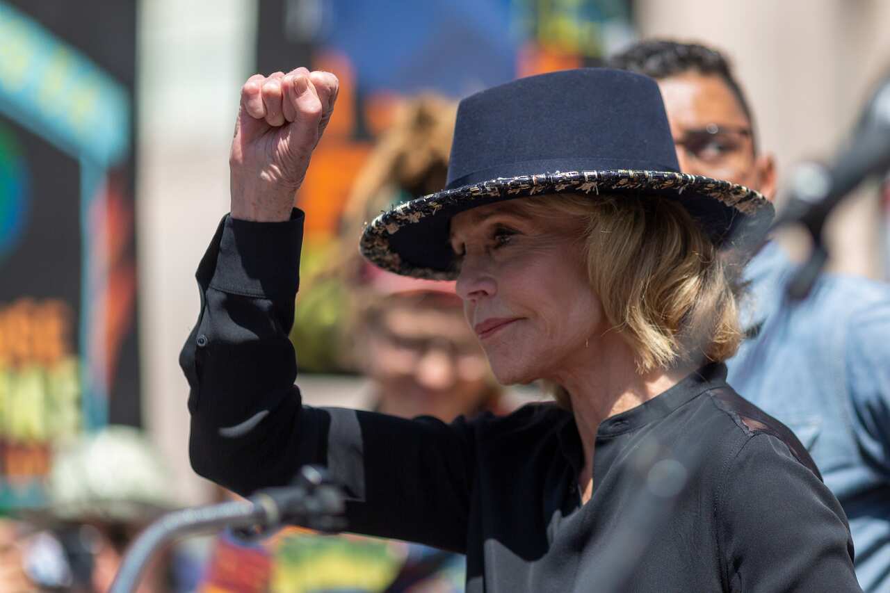 US actress Jane Fonda speaks at a rally during the international Global Youth Climate Strike in Los Angeles, California.