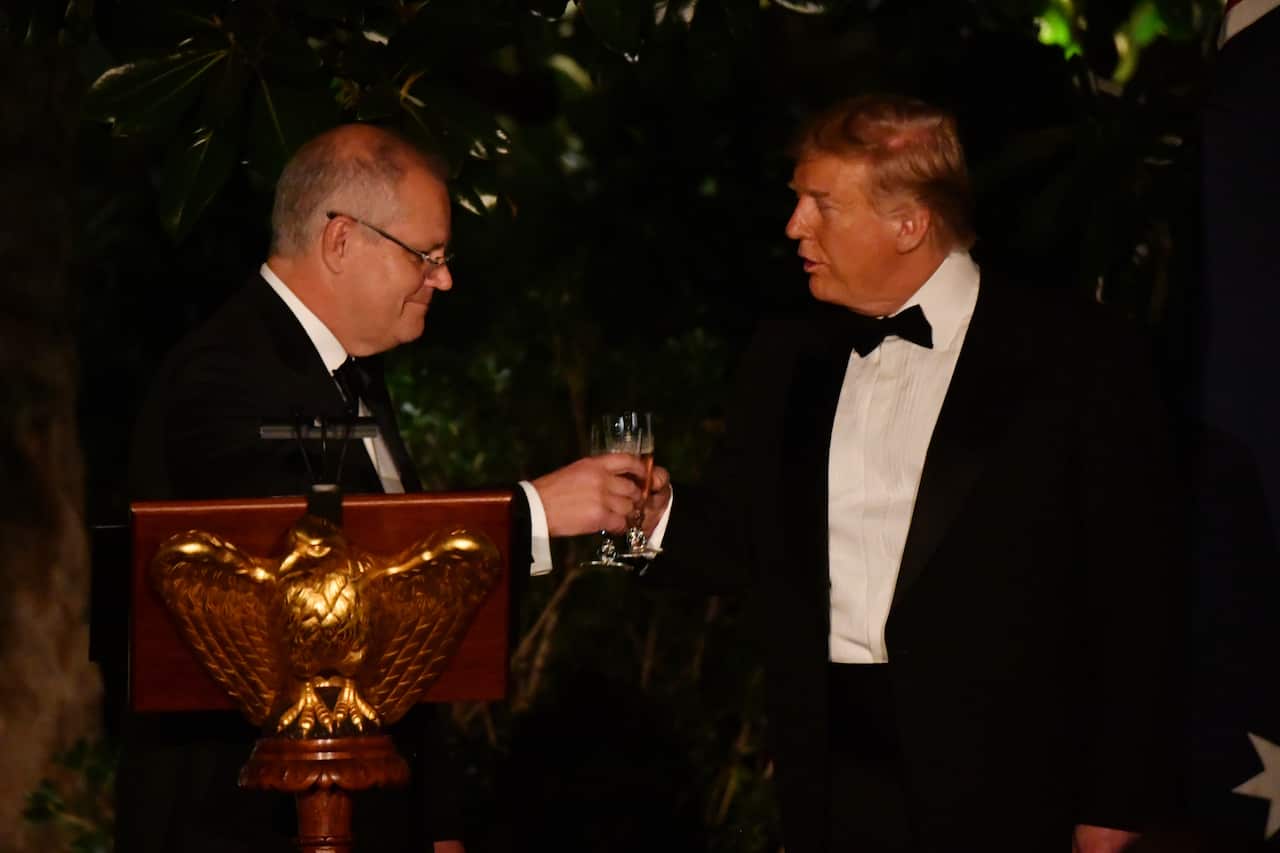 Prime Minister Scott Morrison and President Donald Trump at a State Dinner in the Rose Garden.