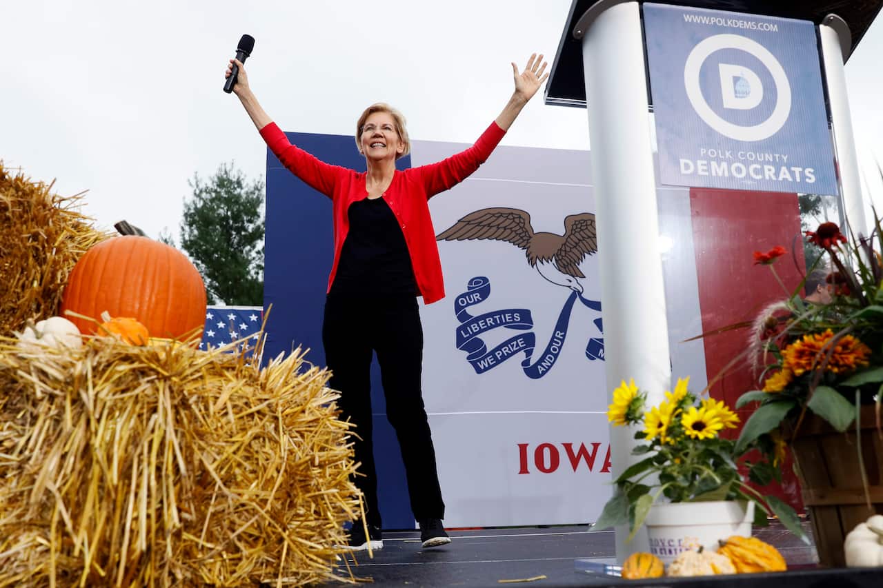 Democratic presidential candidate Sen. Elizabeth Warren speaks at the Polk County Democrats Steak Fry, Saturday, Sept. 21, 2019, in Des Moines, Iowa. (AP Photo/Charlie Neibergall)