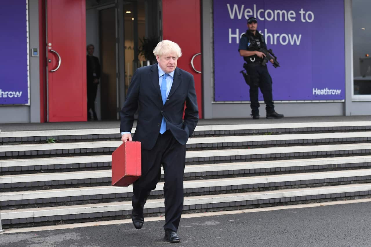 Prime Minister Boris Johnson boarding his plane at Heathrow Airport as he heads off for the annual United Nations General Assembly in New York.