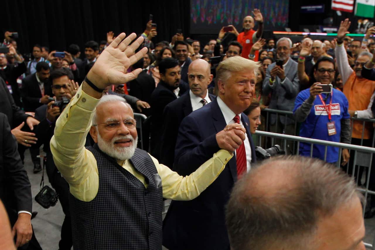 Indian Prime Minister Narendra Modi and US President Donald Trump greet 50,000 people in Houston, Texas.
