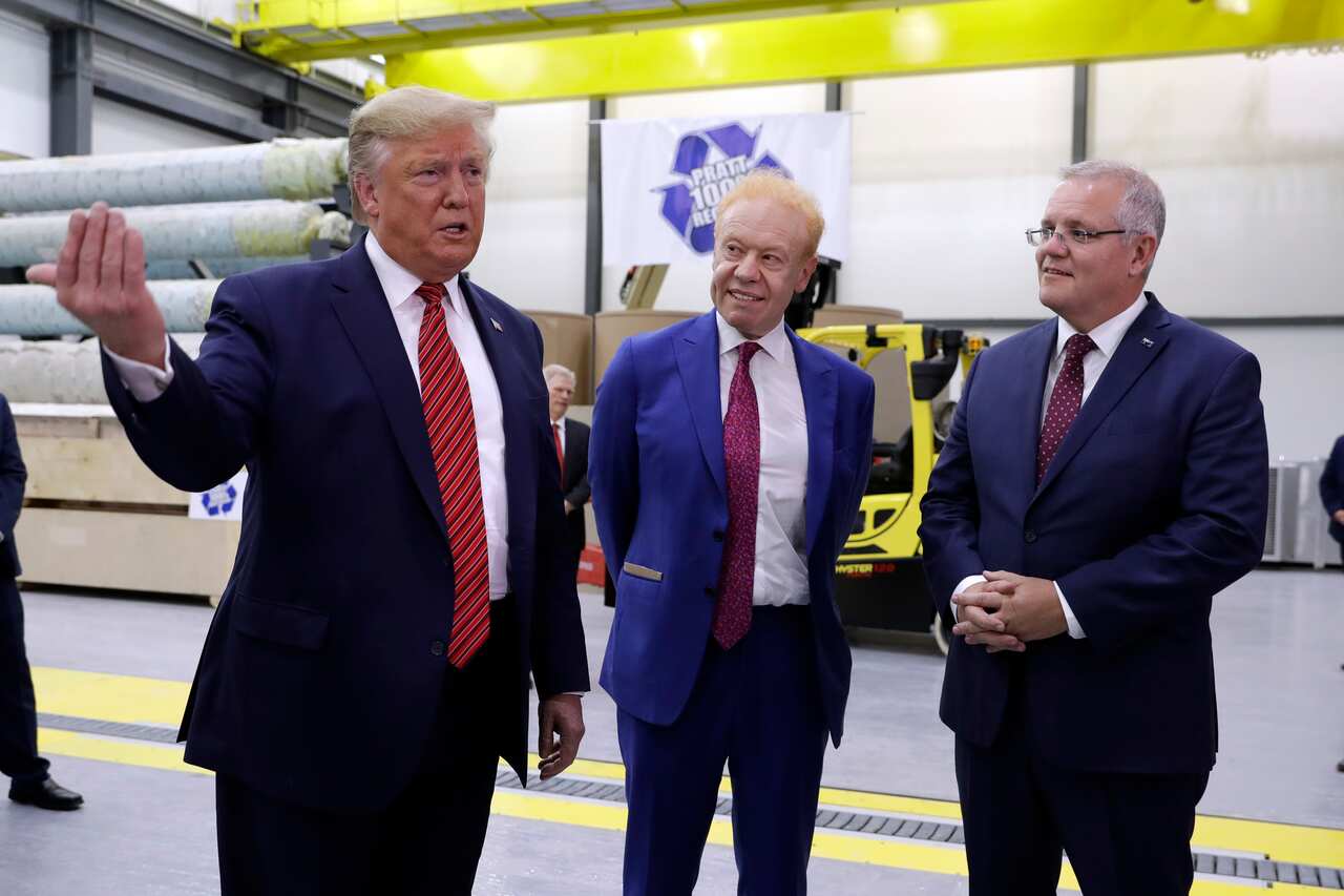 President Donald Trump participates in a tour of Pratt Industries with Australian Prime Minister Scott Morrison.