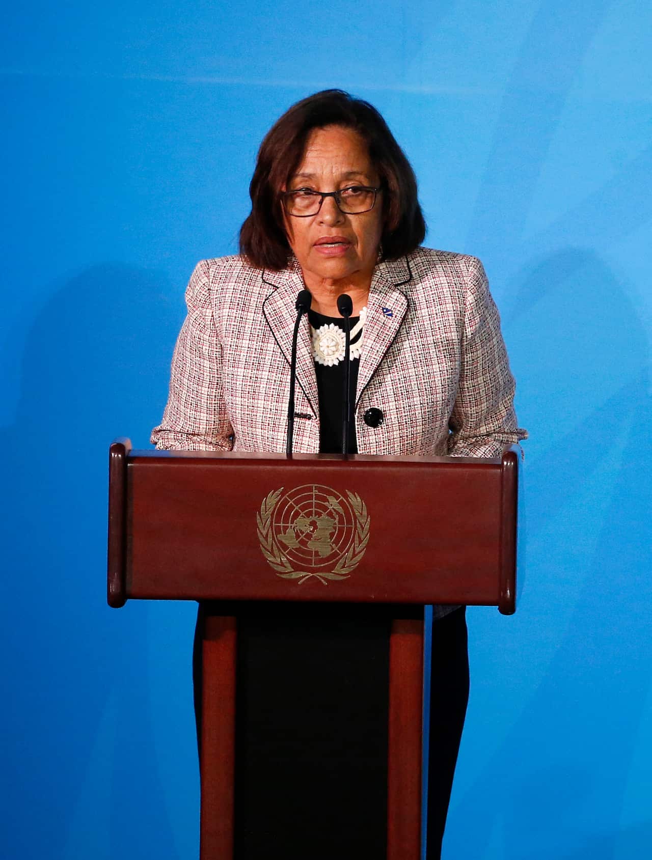 Marshall Islands' President Hilda Heine addresses the Climate Action Summit in the United Nations General Assembly, at U.N. headquarters, Monday, Sept. 23, 2019. (AP Photo/Jason DeCrow)