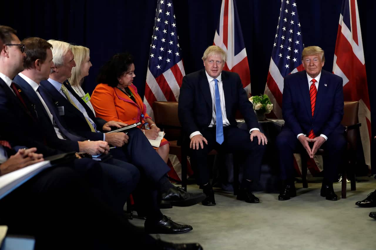 President Donald Trump meets with British Prime Minister Boris Johnson at the United Nations General Assembly, Tuesday, Sept. 24, 2019, in New York. (AP Photo/Evan Vucci)