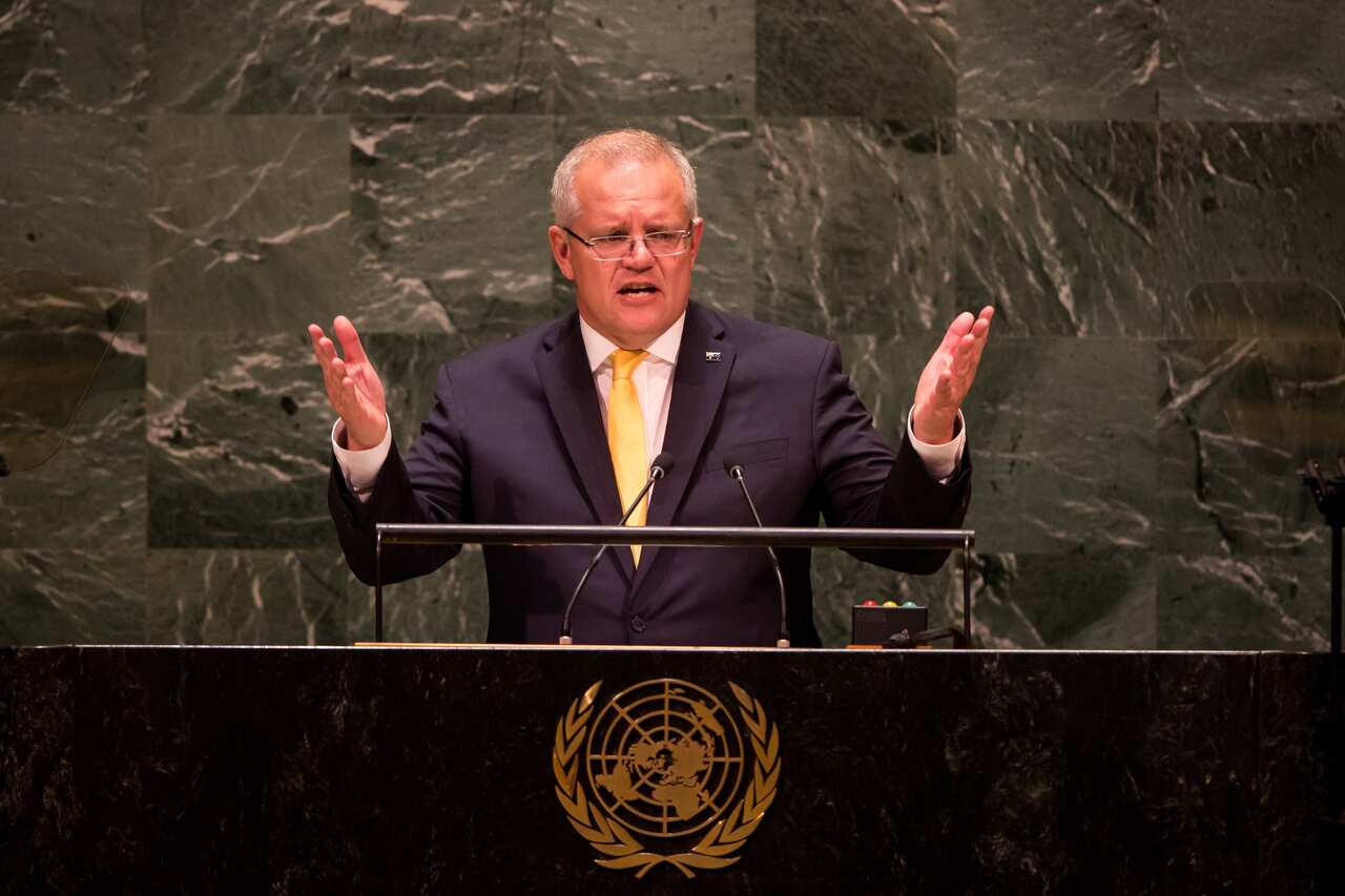 Prime Minister Scott Morrison addresses the United Nations at United Nations Headquarters in New York, New York.