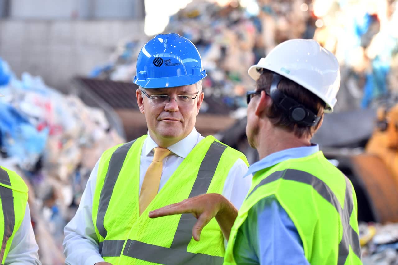 Australia's Prime Minister Scott Morrison at a waste recycling depot near Brooklyn in New York, United States, Wednesday, September 25, 2019. (AAP Image/Mick Tsikas) NO ARCHIVING