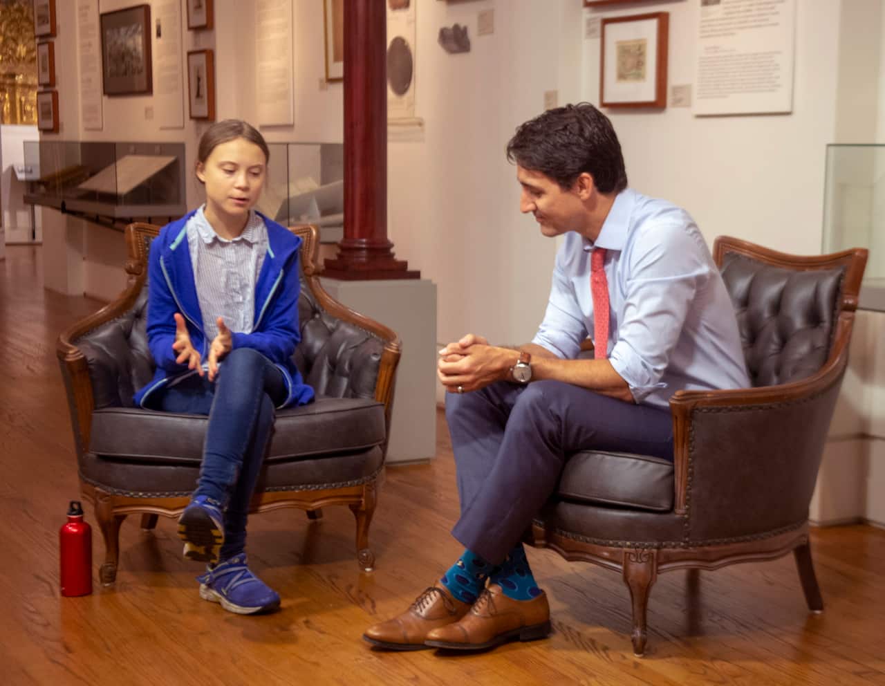 Canadian Prime Minister Justin Trudeau speaks with Swedish environmental activist Greta Thunberg in Montreal.