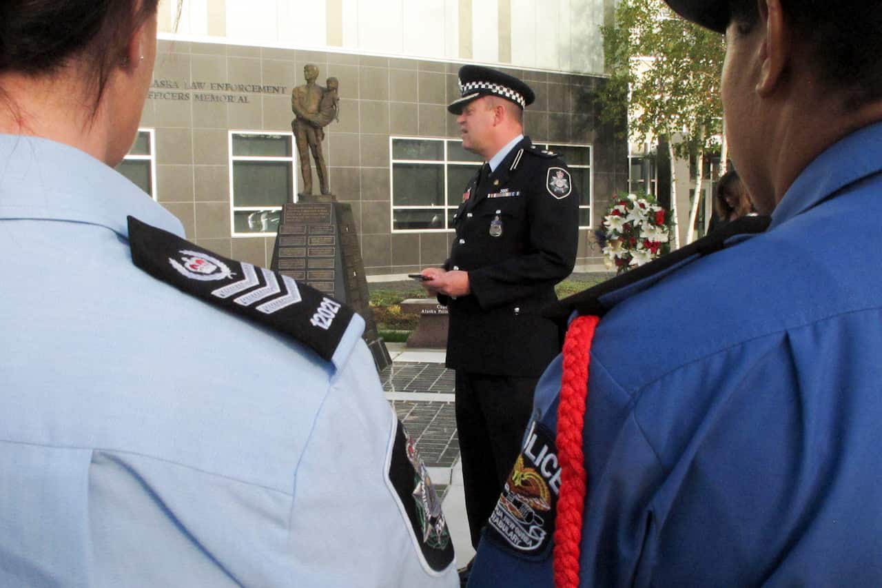 Superintendent Conrad Jensen of the Australian Federal Police speaks at a police remembrance ceremony in Anchorage, Alaska.