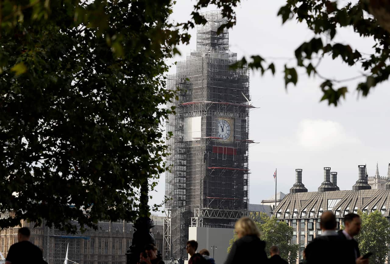 Scaffolding surrounds the Elizabeth Tower housing the Big Ben clock of Britain's Parliament.