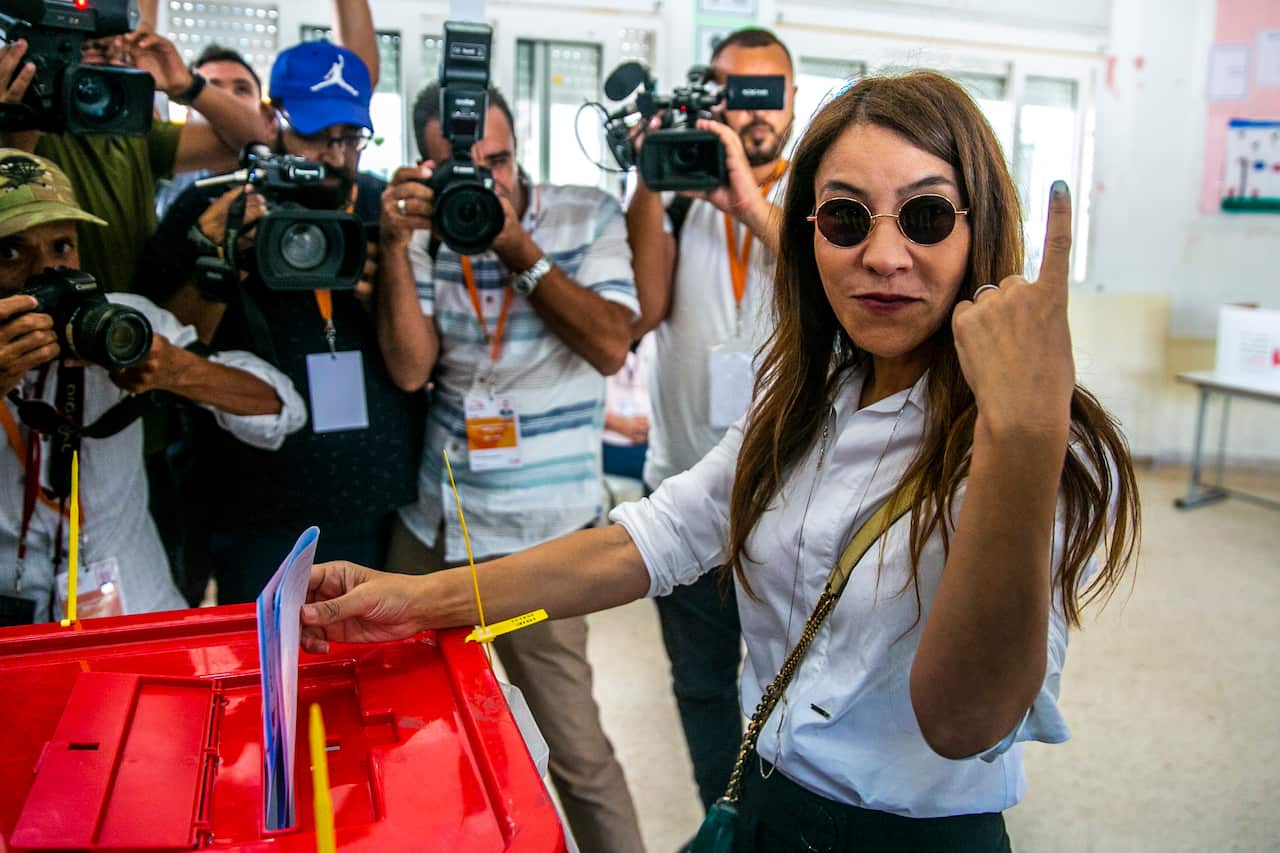 Salwa Karoui, wife of Tunisia's jailed presidential candidate and media mogul Nabil Karoui casts her ballot.