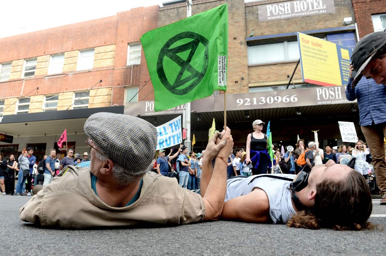 Protesters block a Sydney street.