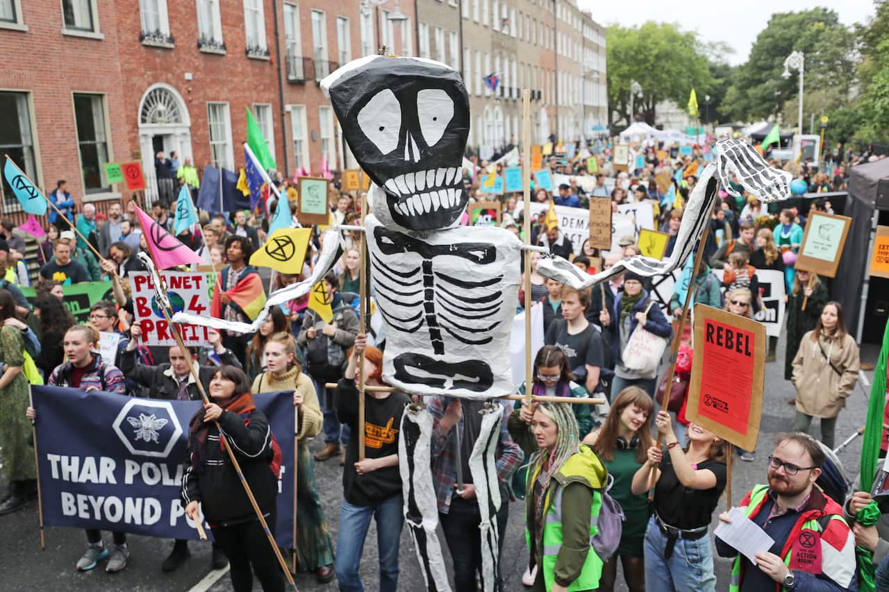 Members of Extinction Rebellion begin a week of direct action to highlight the Irish Governments climate in-action in Dublin city centre.