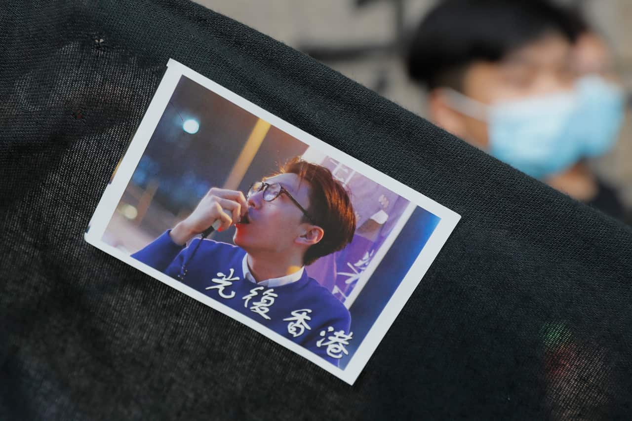 A sticker featuring a picture of Hong Kong activist Edward Leung with Chinese words which read "Liberate Hong Kong".