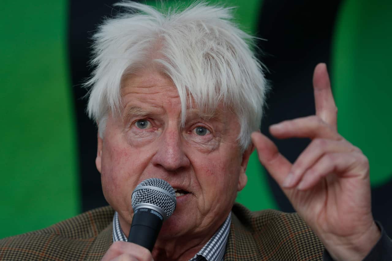 Stanley Johnson, father of the British Prime Minister Boris Johnson, speaks at an Extinction Rebellion panel on climate change in Trafalgar Square.
