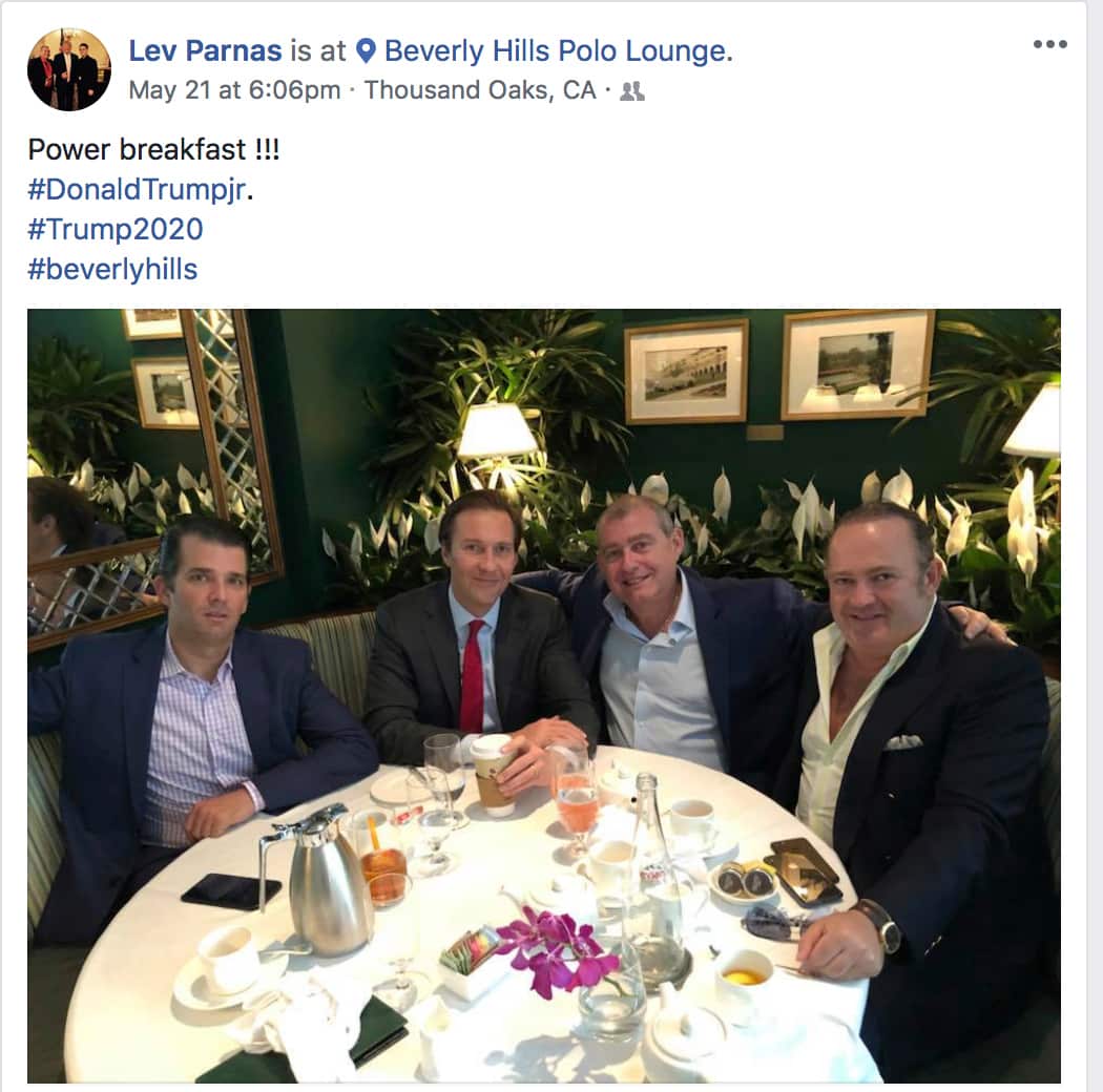 A Facebook screenshot shows, from left, Donald Trump Jr., Tommy Hicks Jr., Lev Parnas and Igor Fruman, posted on May 21, 2018.