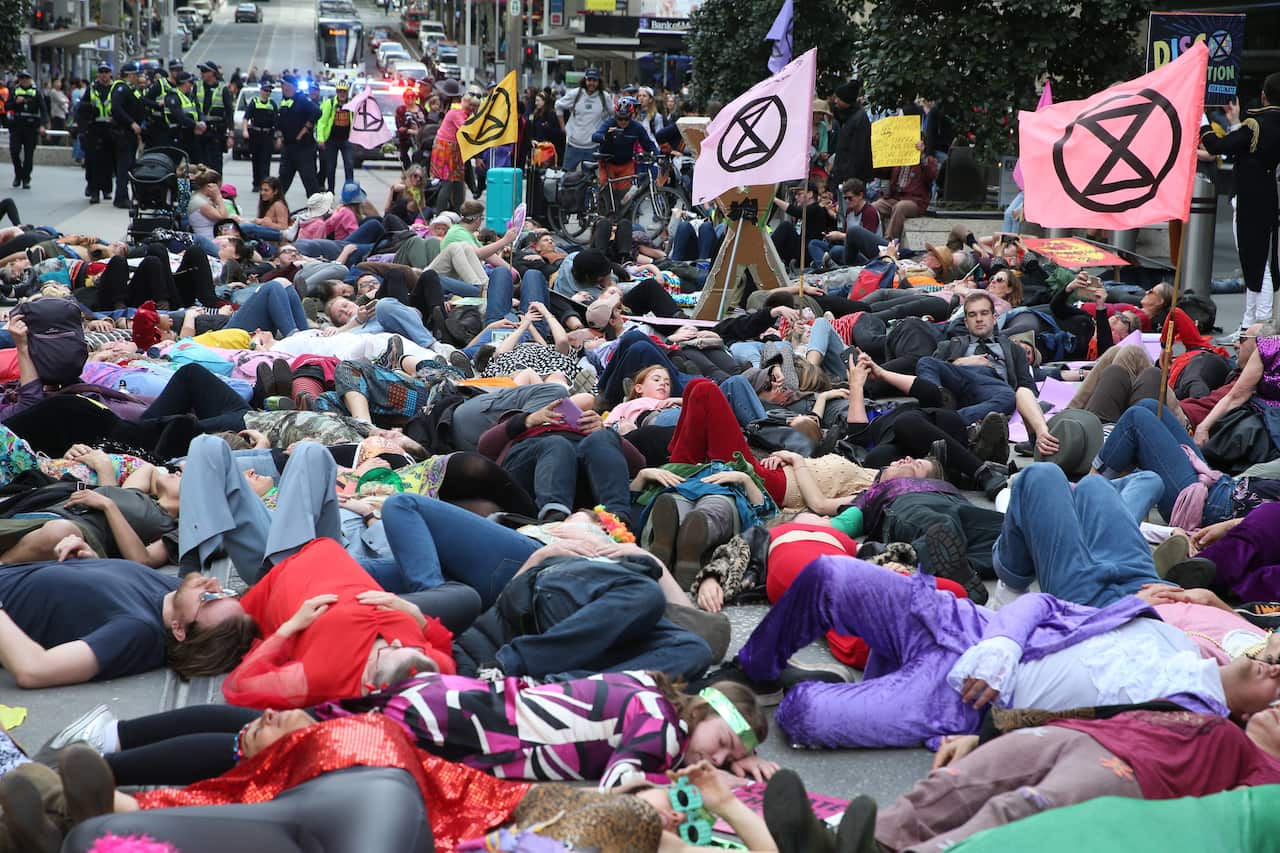 Protesters play dead at Bourke Street Mall in Melbourne.