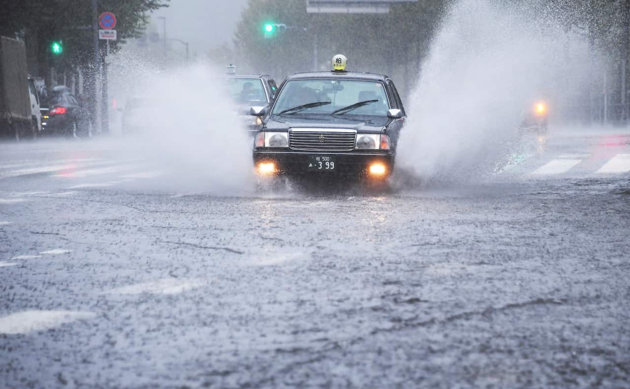 A flooded road in Shinjuku Ward, Tokyo.
