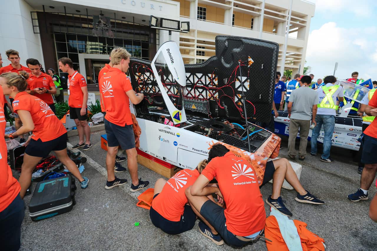 The Vattenfall Solar team is seen at the start line of the 2019 World Solar Challenge at State Square in Darwin.