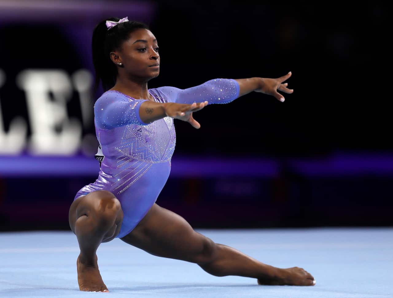 Simone Biles of the USA competes in the floor women's final at the FIG Artistic Gymnastics World Championships in Stuttgart, Germany.