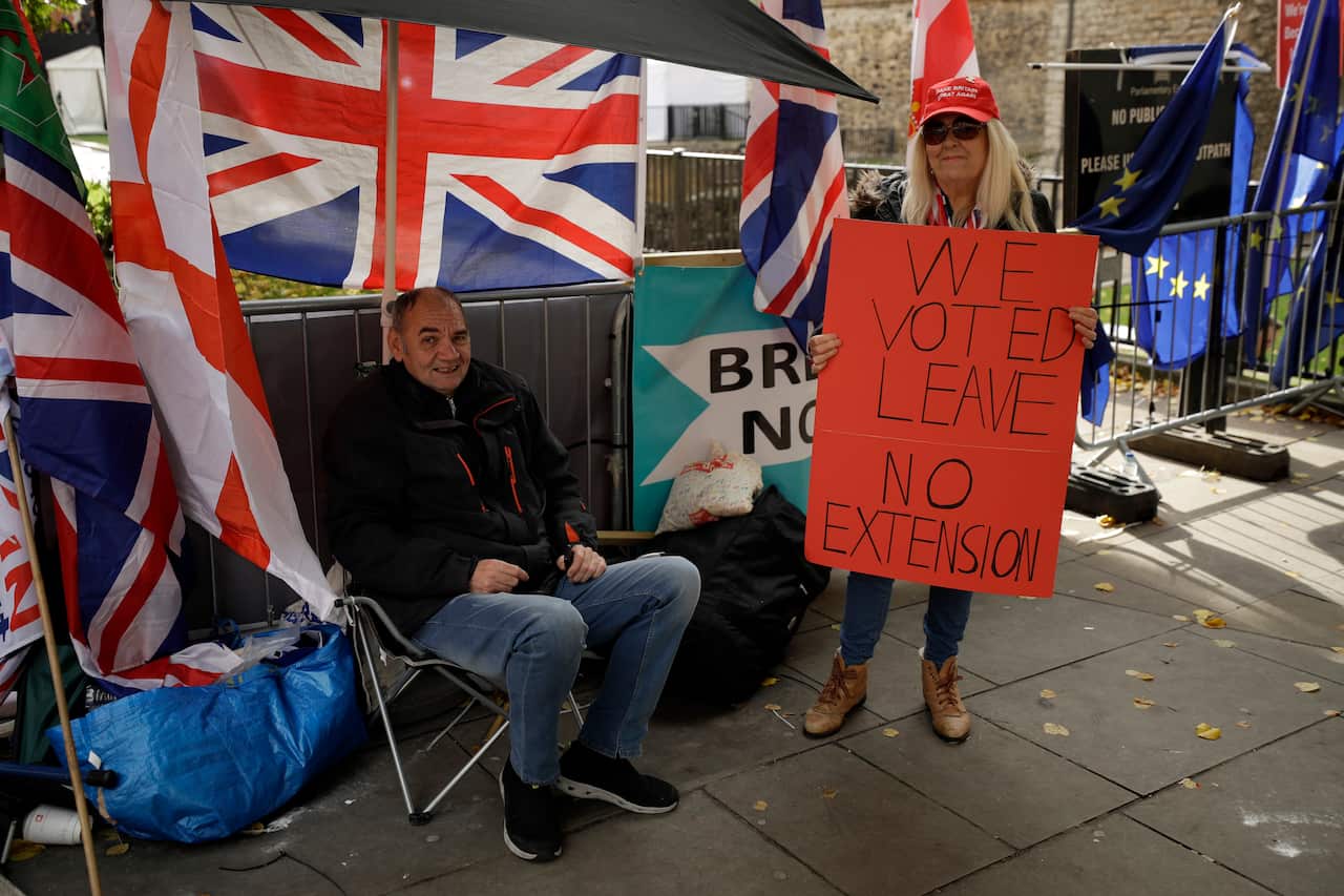 Brexit supporters in favour of leaving the European Union protest opposite the Houses of Parliament in London.