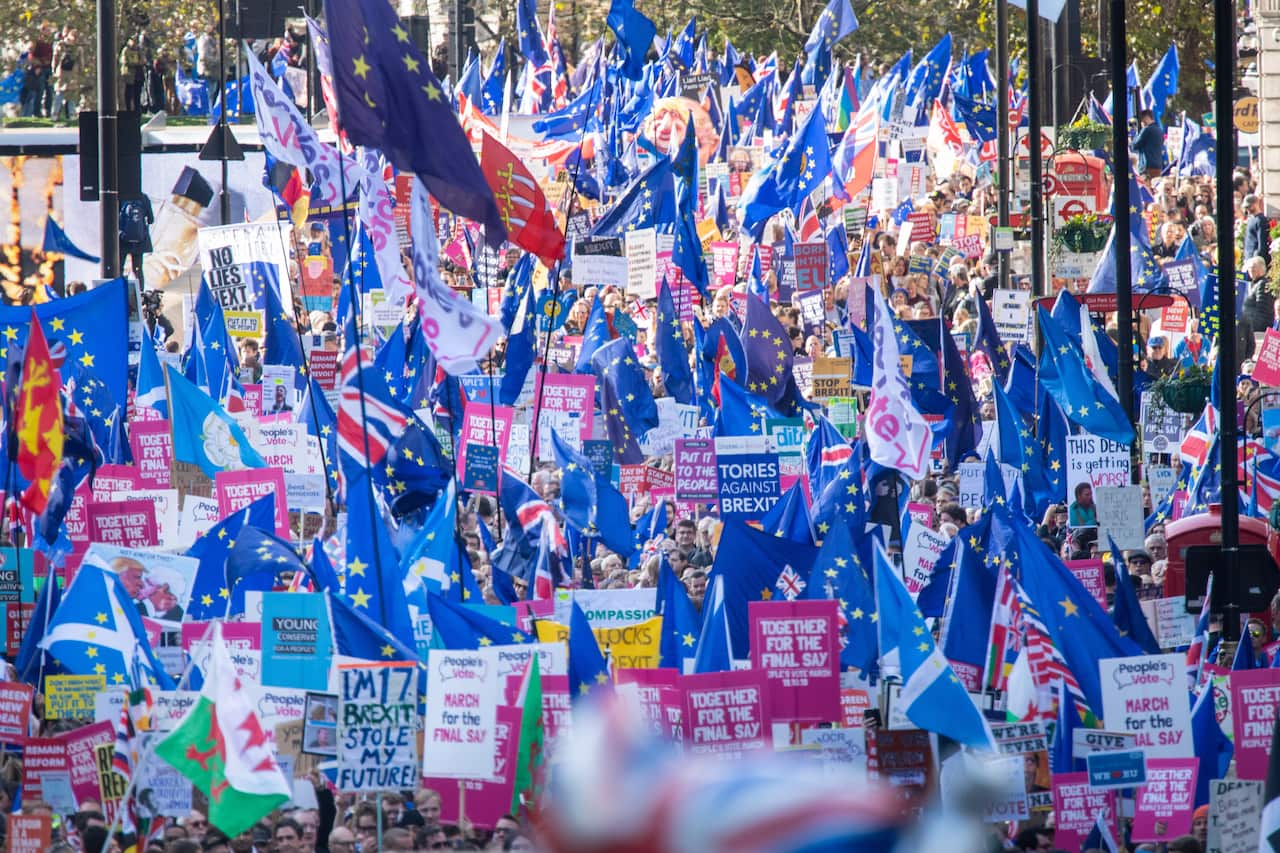 Protesters in an anti-Brexit, 'Let Us Be Heard' march on Piccadilly in London, as they head to Parliament Square. Picture date: Saturday October 19, 2019. Photo credit should read: Matt Crossick/Empics.