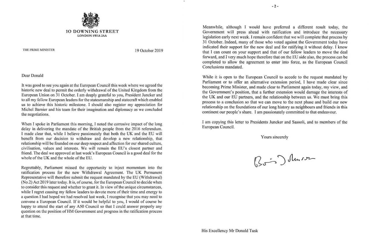 The second letter, signed by Prime Minister Johnson, which says he believes that a delay would be a mistake.