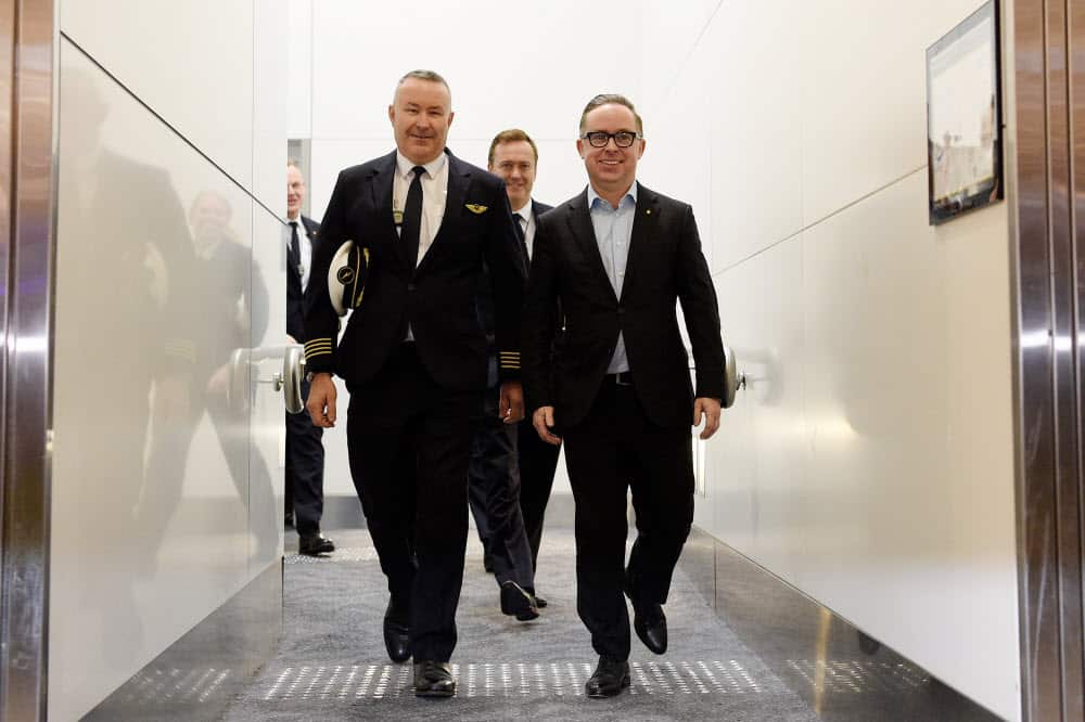 (L-R) Qantas Captain Sean Golding and Qantas Group CEO Alan Joyce are seen arriving at Sydney International Airport