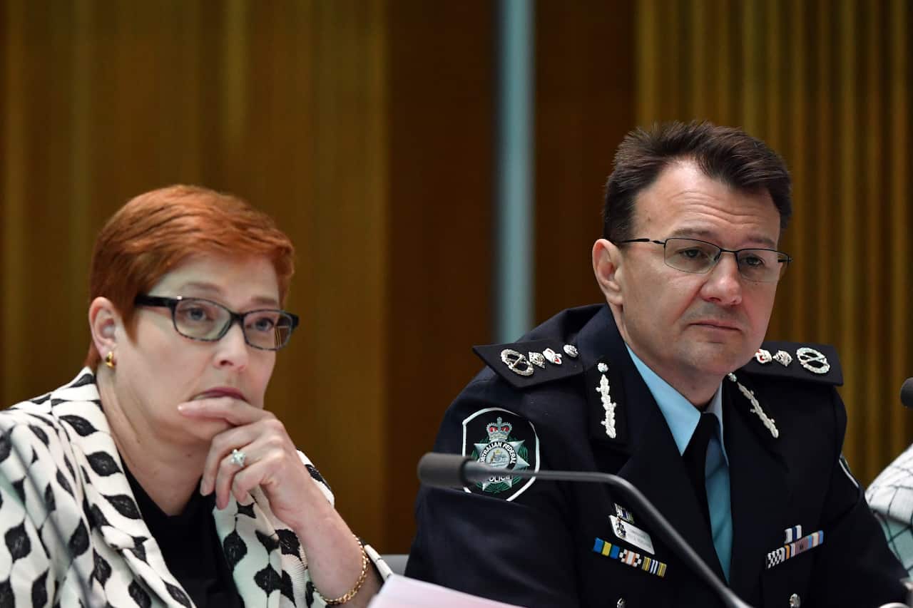 Minister for Foreign Affairs Marise Payne and Australian Federal Police AFP Commissioner Reece Kershaw appearing before a Senate Estimates.