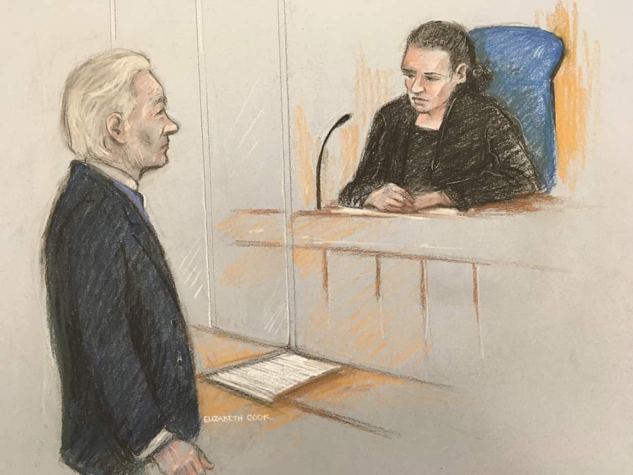 Court artist sketch of Julian Assange at Westminster Magistrates' Court in London